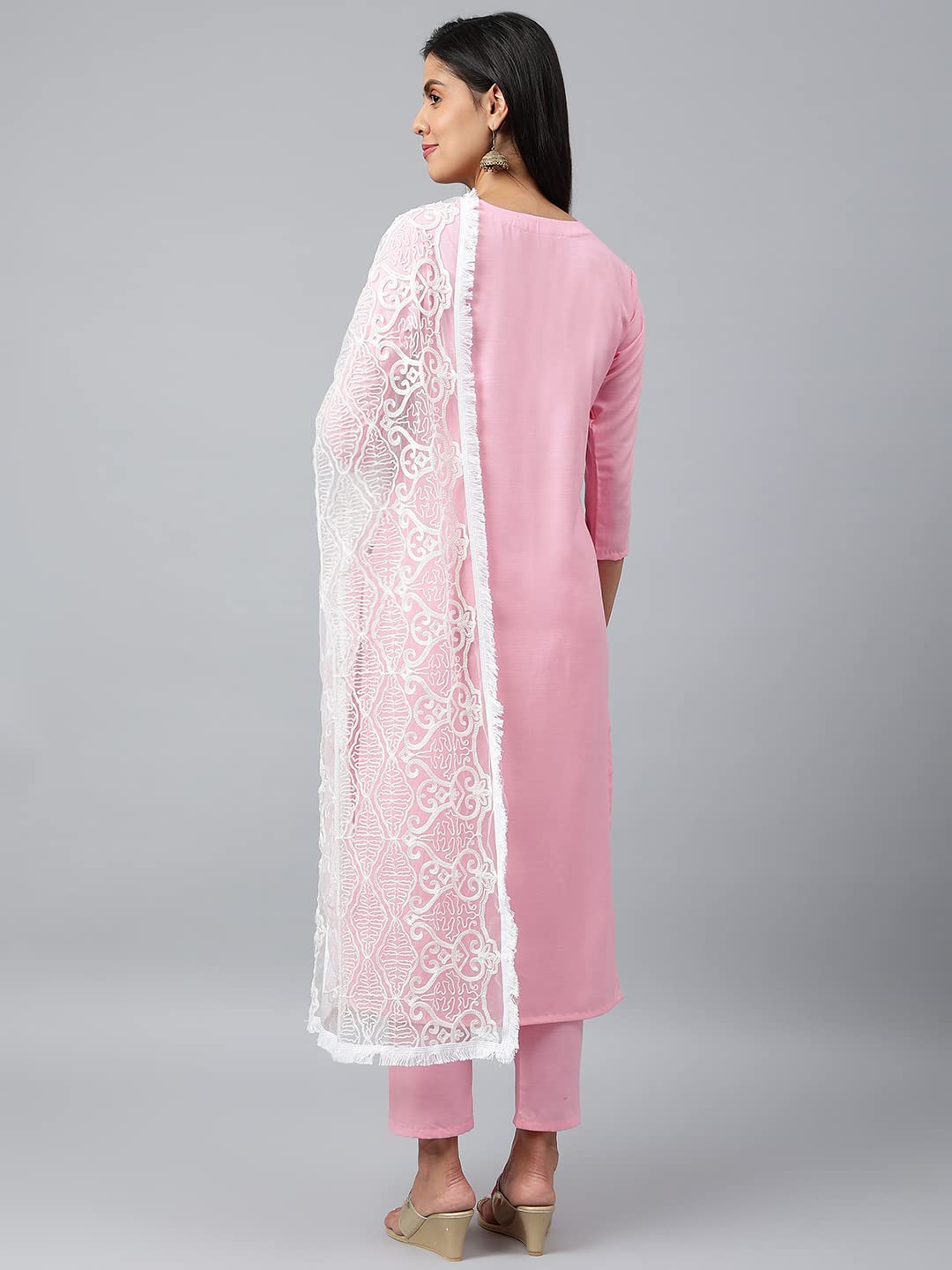 Anni Designer Women'S Cotton Blend Embroidered Straight Kurta With Pant & Dupatta (White Show Sty Light Pink_S_Light Pink_Small),Light Pink,S,Cotton Blend,Regular,kurta, Dupatta