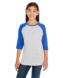 LAT Youth Jersey Crew Neck Raglan 3/4 Sleeve Baseball Tee, Vintage Heather/Vintage Royal, Large
