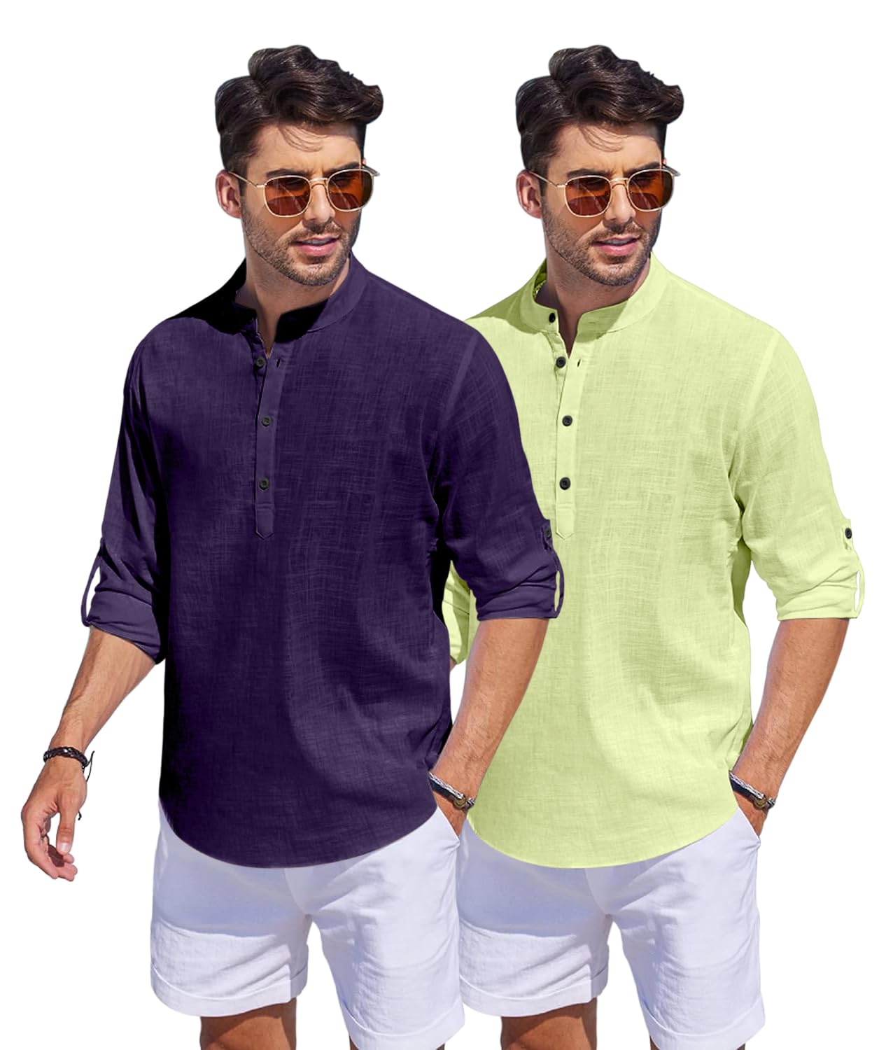 Bellstone Men'S Cotton Blend Solid Regular Fit Dress Shirt (Kurta1500_Combo_Purple & L Yellow_M Light