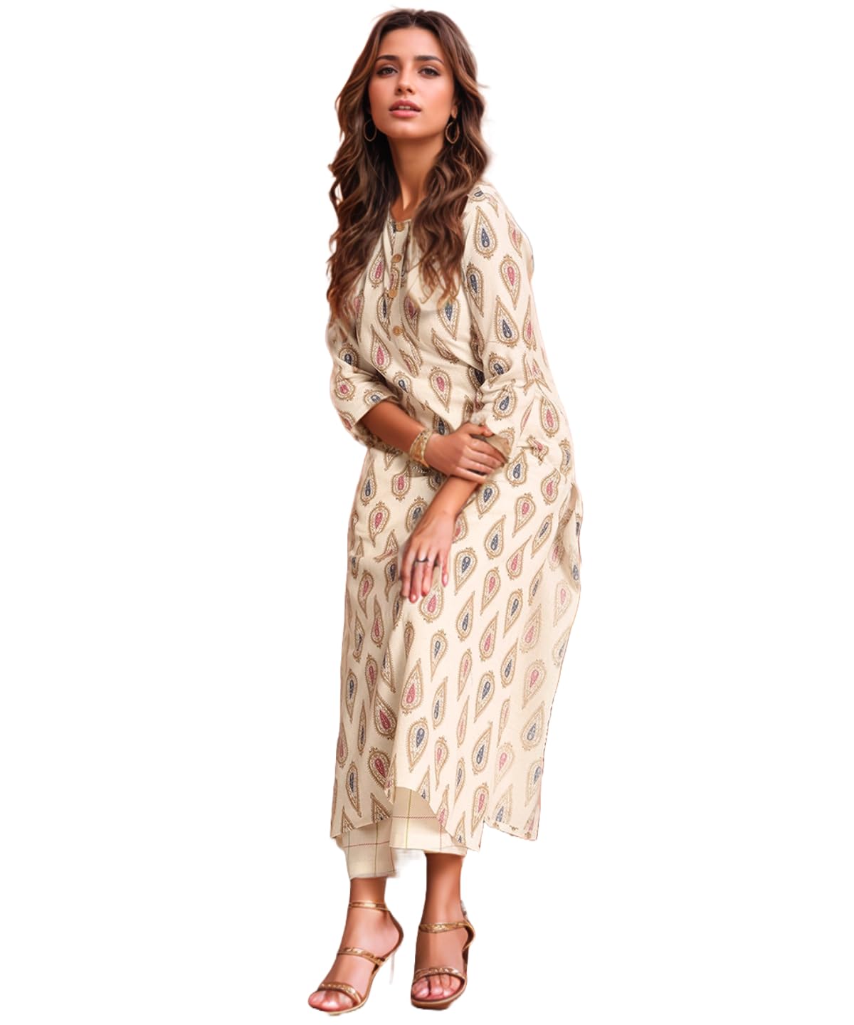 Anni Designer Women'S Rayon Viscose Straight Printed Kurta With Palazzo (Tangro Cream_L_Cream_Large),Cream,L