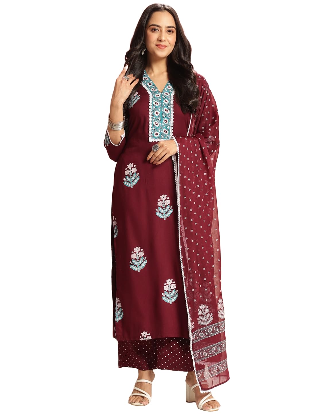 Anni Designer Women'S Rayon Viscose Printed Straight Kurta With Pant & Dupatta (Belagavi Wine-Vks05_M_Wine_Medium),Wine,M