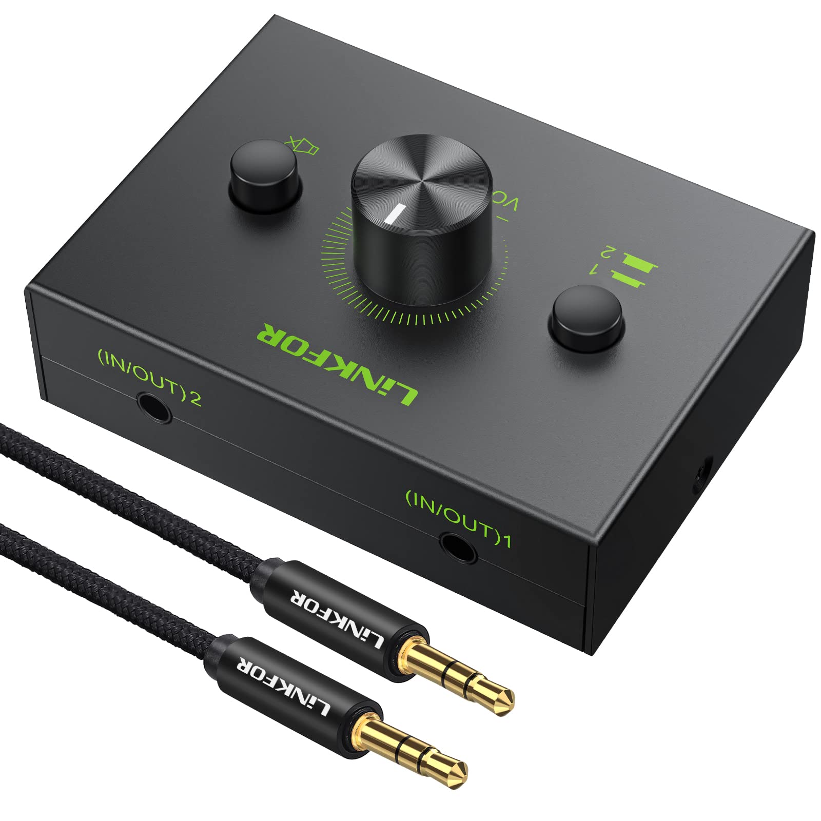 LiNKFOR 2 Ports 3.5mm Stereo Audio Selector Box with 3.5mm Audio Cable Support 1 in 2 Out / 2 in 1 Out, Mute Button Compatible w