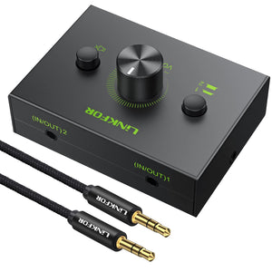 LiNKFOR 2 Ports 3.5mm Stereo Audio Selector Box with 3.5mm Audio Cable Support 1 in 2 Out / 2 in 1 Out, Mute Button Compatible w
