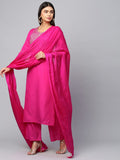 Anni Designer Women'S Cotton Blend Straight Embroidered Kurta With Pant & Dupatta (Mahuni Pink_M_Pink_Medium),Pink,M,Cotton Blend,Straight,