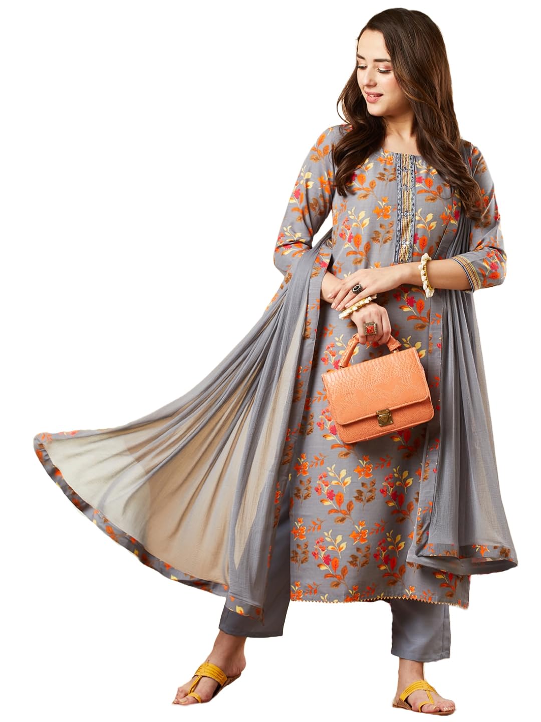 Anni Designer Women'S Cotton Blend Printed Straight Kurta And Pant With Dupatta Set (Kaleping-Grey_Xl_Grey_X-Large),Grey,XL