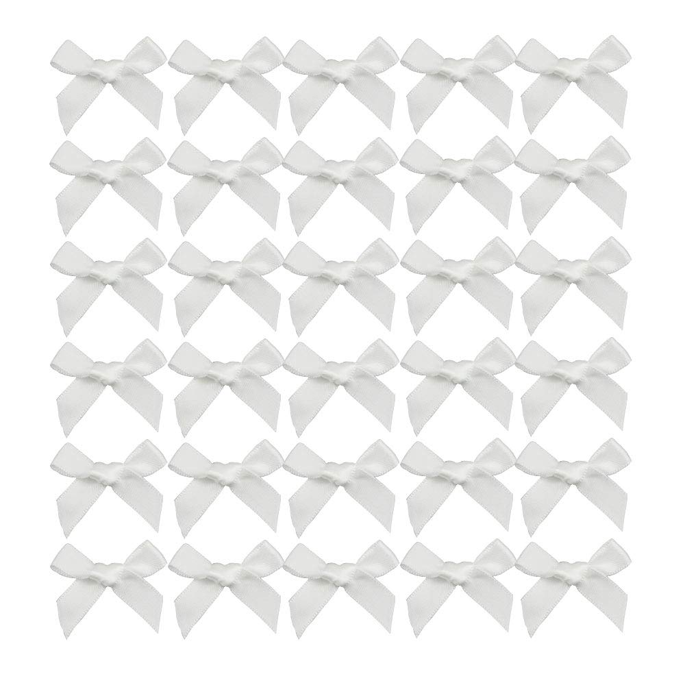 7Rainbows 50pcs Boutique Mini White Satin Ribbon Bows Appliques DIY Craft for Sewing Scrapbooking Wedding and Gift