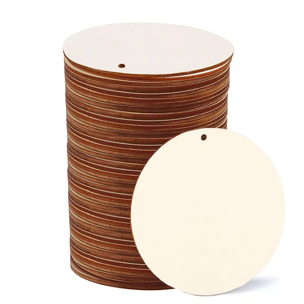 WLIANG 100 Pcs 2 inch Unfinished Wooden Round Circles with Holes, Blank Wood Circles Ornaments Hanging Tags for DIY Crafts, Part