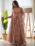 Women Floral Print Anarkali Kurta With Pant And Duptta (Medium Beige-1),Beige-1,M,Georgette,Crepe,Anarkali,Dupatta