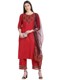 Gosriki Women'S Cotton Blend Straight Printed Kurta With Pant & Dupatta (Tigu-Red_L-Go_Red_Large),Red,,B09SW962P1