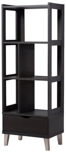 Baxton Studio Kalien Modern & Contemporary Wood Leaning Bookcase With Display Shelves & One Drawer, Dark Brown