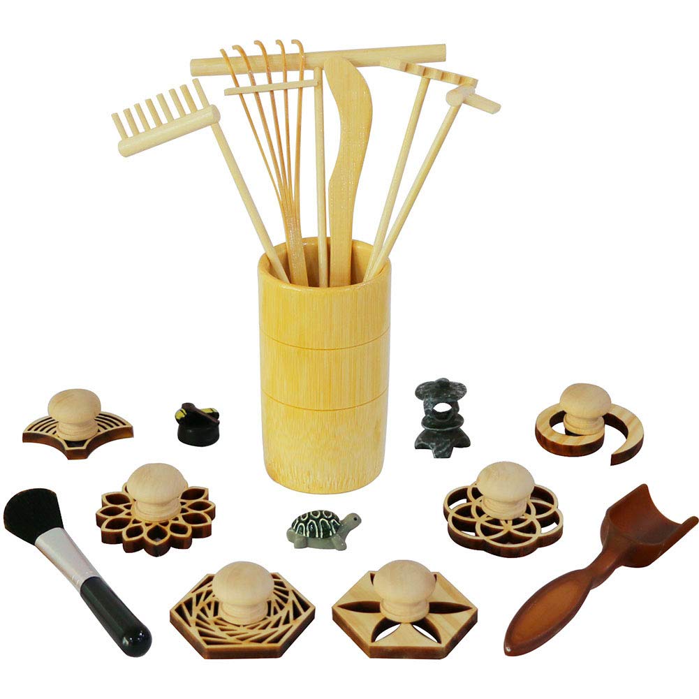 Zen Garden Rake Stamp Tools - Meditation Rock Sand Garden Accessories - Office Desktop Mini Zen Gifts For Man Women Bamboo Rakes