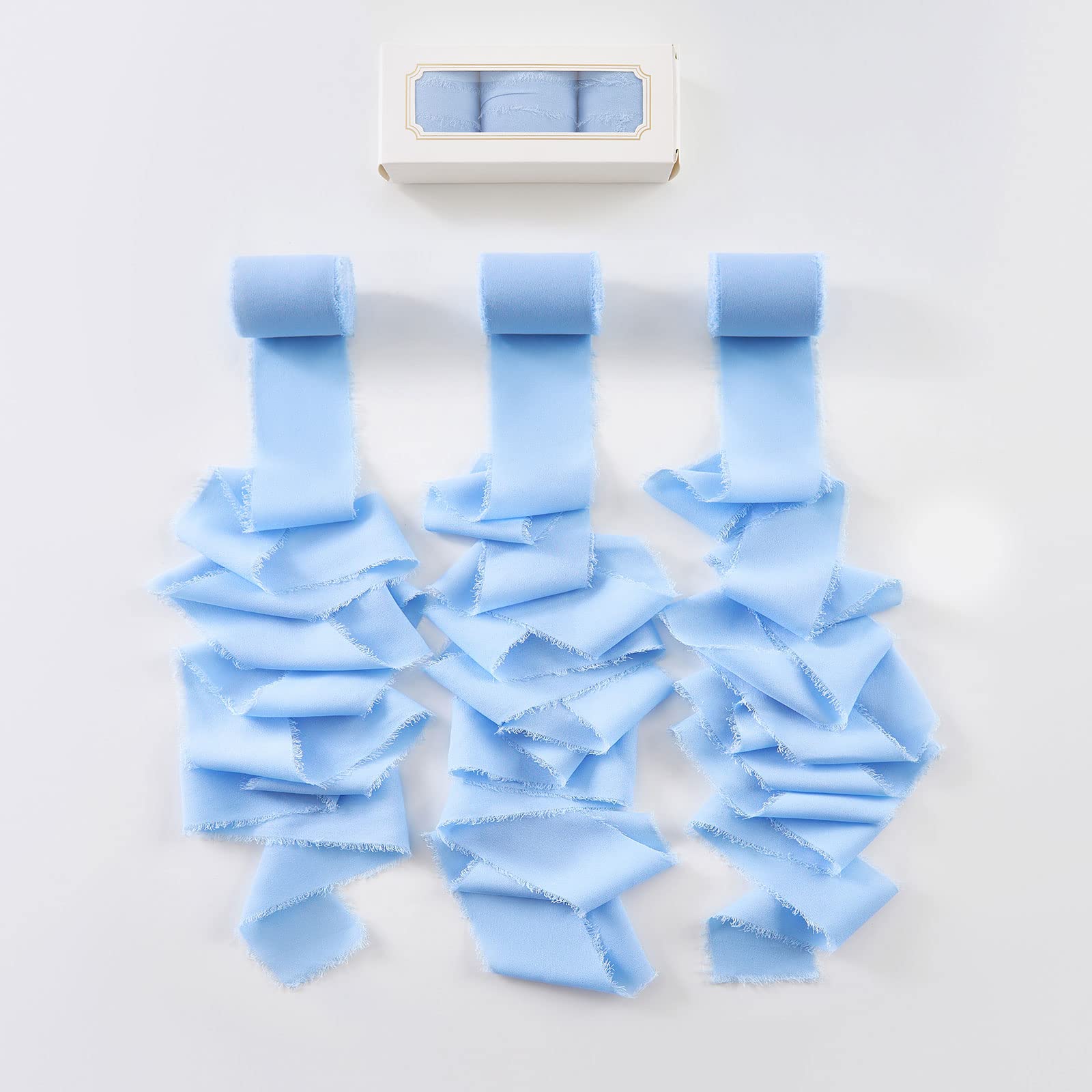 Pretty Jolly Blue Chiffon Ribbon for Gift Wrapping 3 Rolls 2 Inch x 7Yd Silk Ribbons Handmade Fringe Fabric Ribbon for Flower Bo