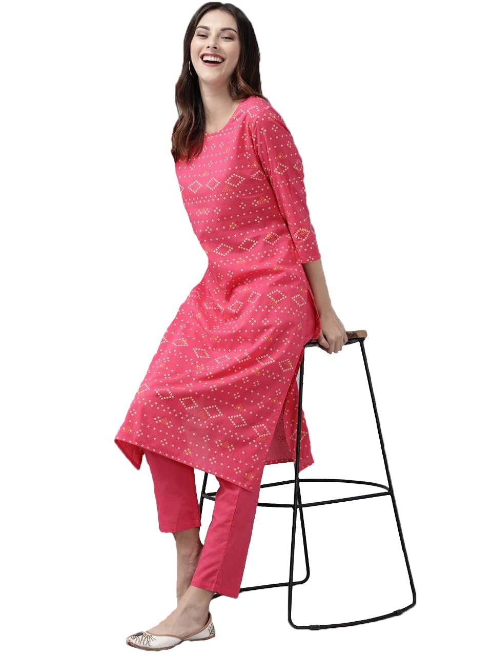 Anni Designer Women'S Cotton Blend Straight Printed Kurta & Pant (Excel Pink_S_Pink_Small),Pink,S