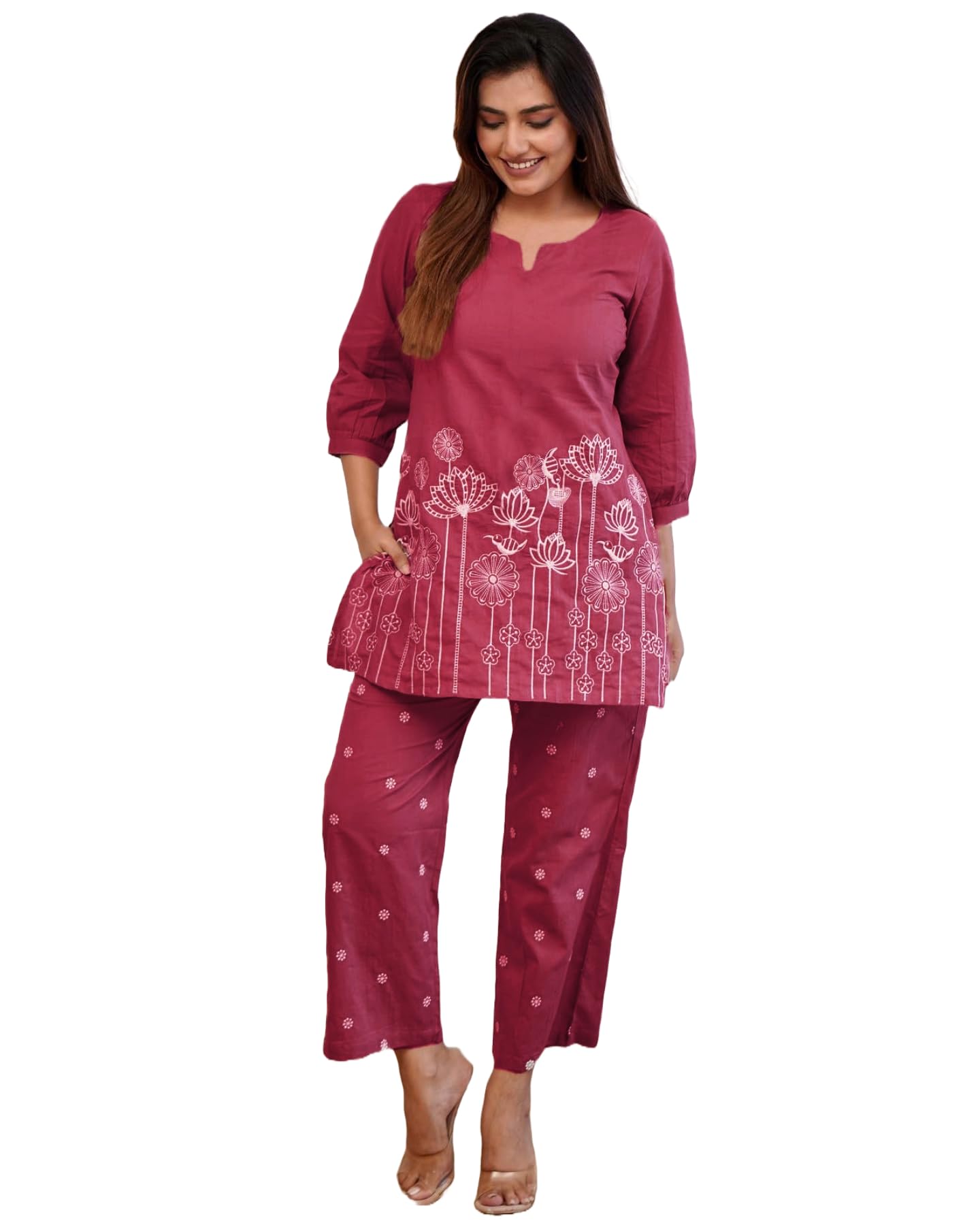Anni Designer Women'S Cotton Blend Straight Embroidered Kurta With Pant Set (Sapna Wine_S_Wine_Small),Wine,S