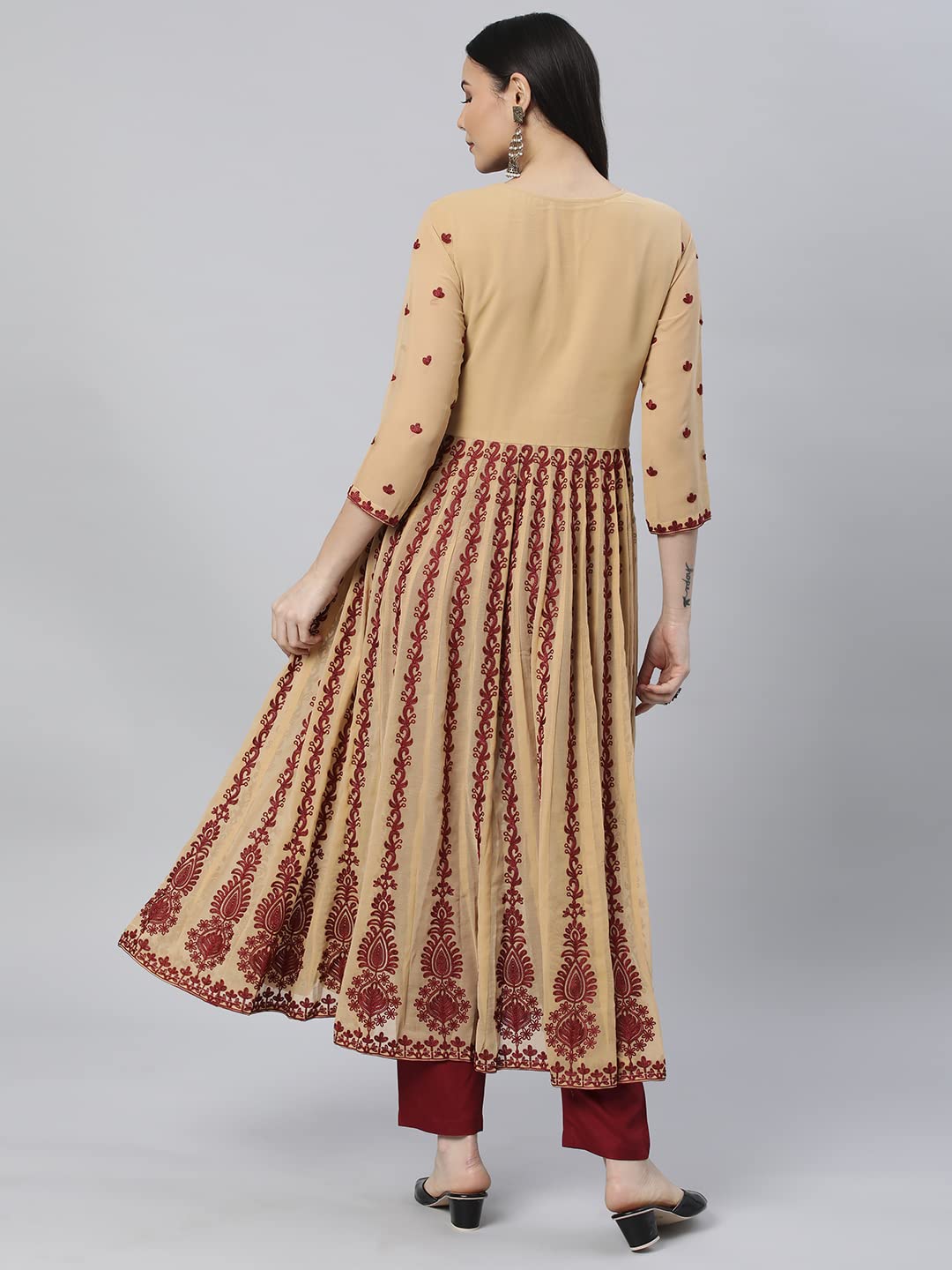 Anni Designer Women'S Georgette Chikankari Embroidered Anarkali Kurti (Kari Beige-Nw1_S_Beige_Small),Beige,S,Georgette,Anarkali,