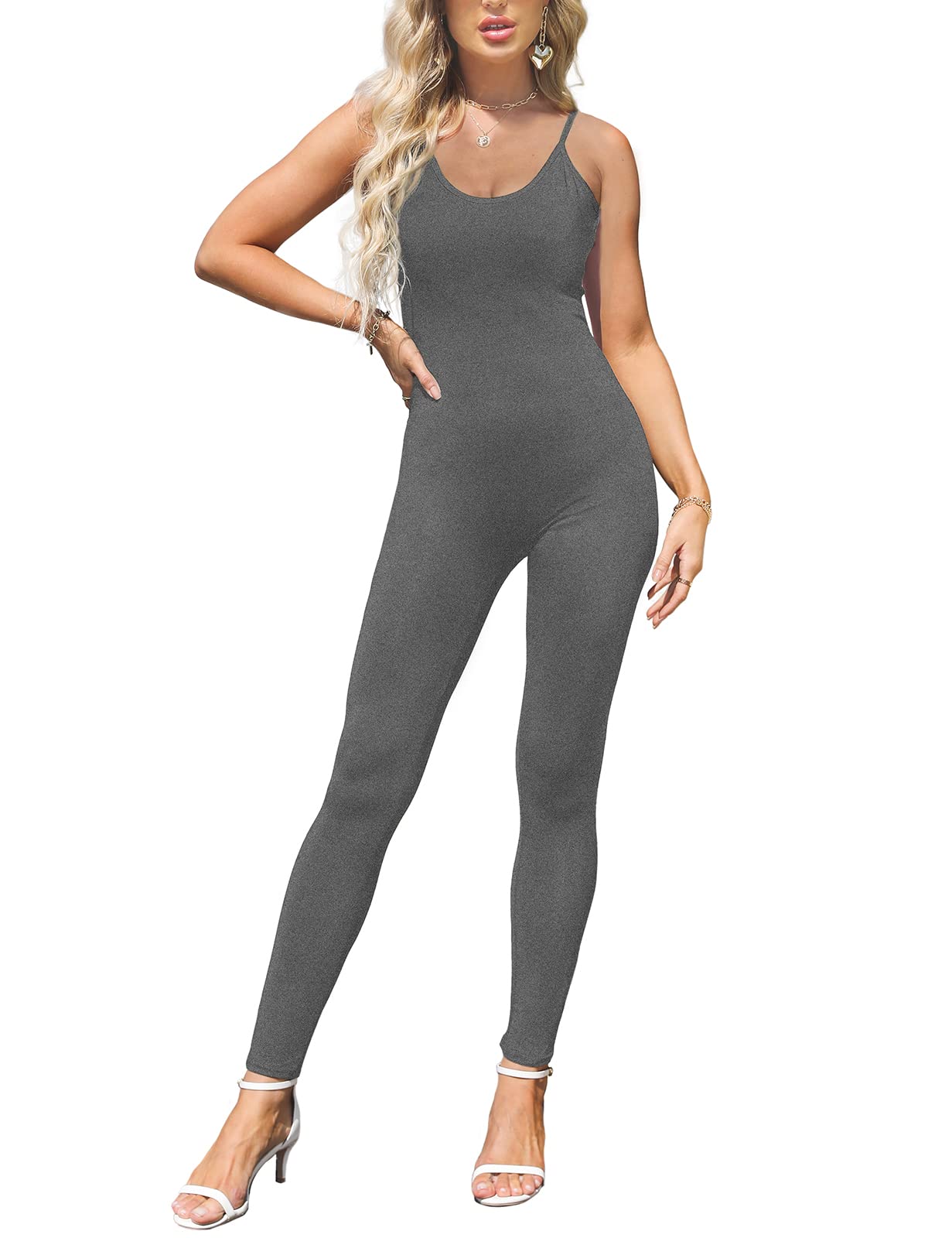 Amilia Womens Spaghetti Strap Bodycon Tank One Piece Jumpsuits Rompers Playsuit (XL, Dark grey Flecked)