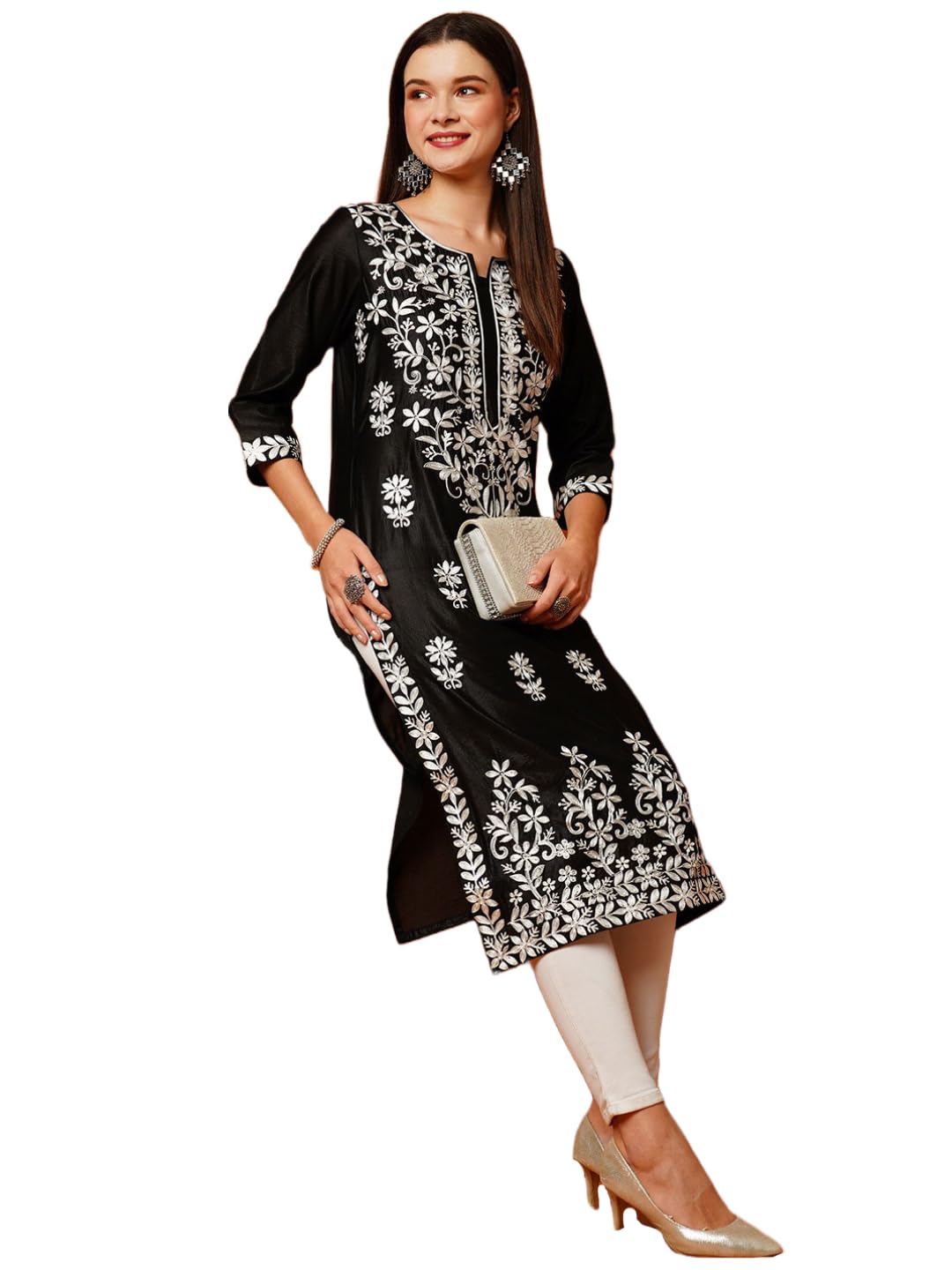 Gosriki Women'S Cotton Blend Straight Chikankari Embroidered Kurta (Chin-Black-Kds-Gs_M_Black_Medium),Black,,B0CP2L2YDT