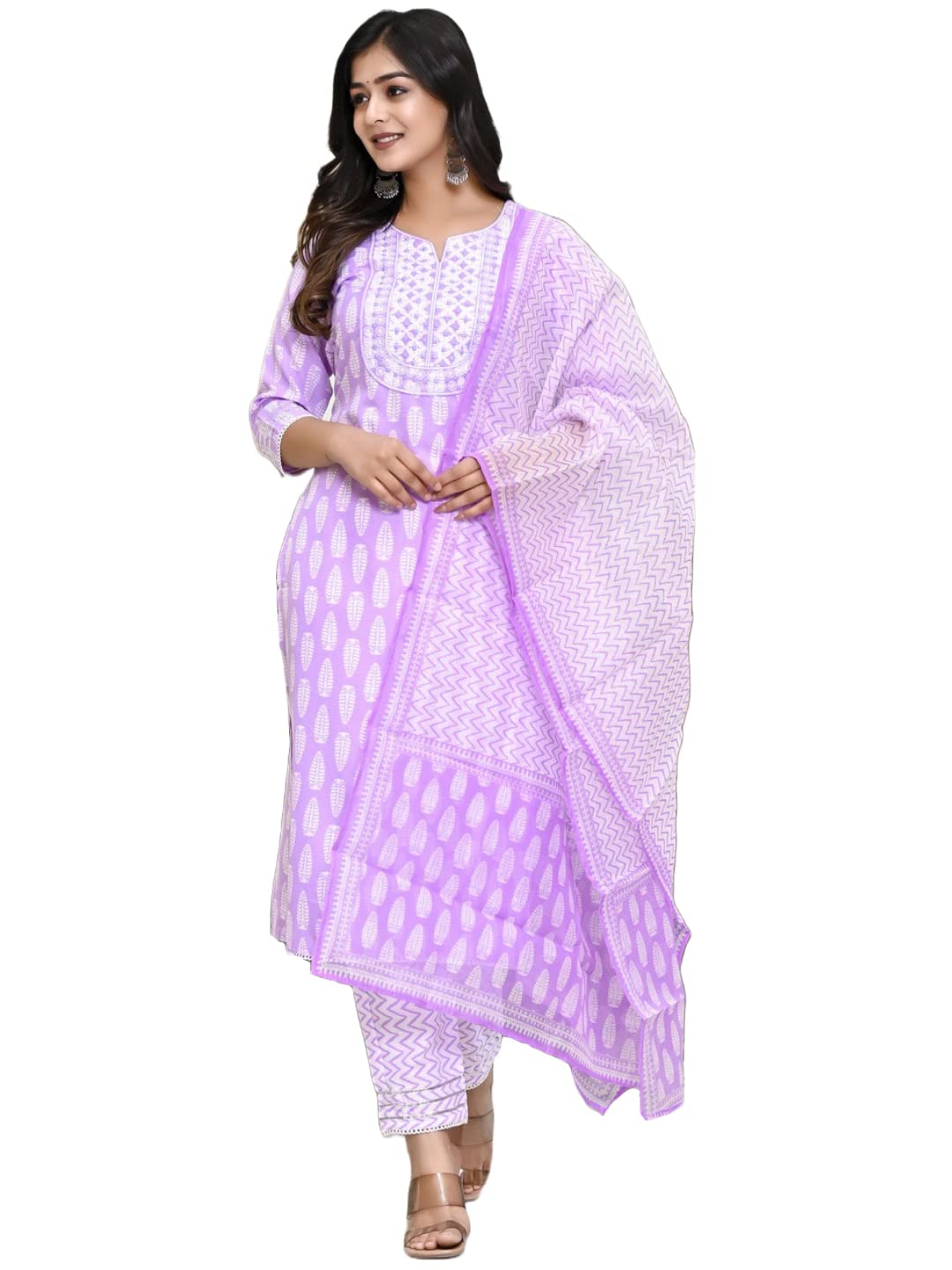 Anni Designer Women'S Cotton Blend Straight Printed Kurta With Pant & Dupatta (Baiyaan Purple-Cmd_L_Purple_Large),Purple,L