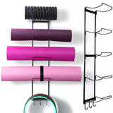 MRZZATA 5-Tiers Yoga Mat Holder Wall Mount, Metal Storage Rack for Mats/Wheels, Foam Roller and Block, Wall Rack with 3-Hooks fo