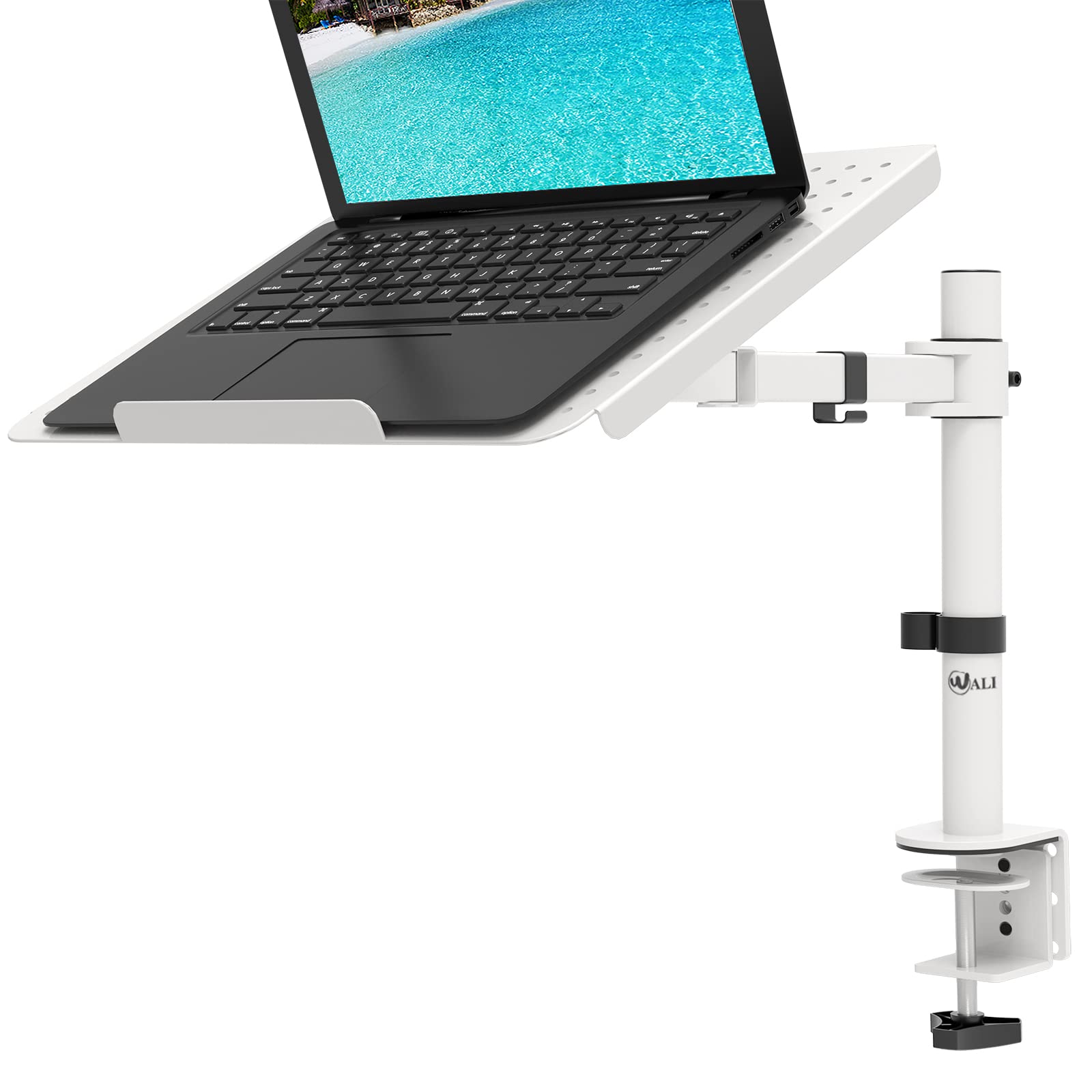 WALI Laptop Mount Arm for Desk, Laptop Tray, Fully Adjustable, up to 17 inch, 22lbs, with Vented Cooling Platform Stand (M00LP-W