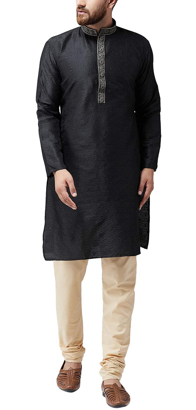 Sojanya (Since 1958) Men'S Black Jacquard Silk Kurta & Churidaar Pyjama, Size: Xxl