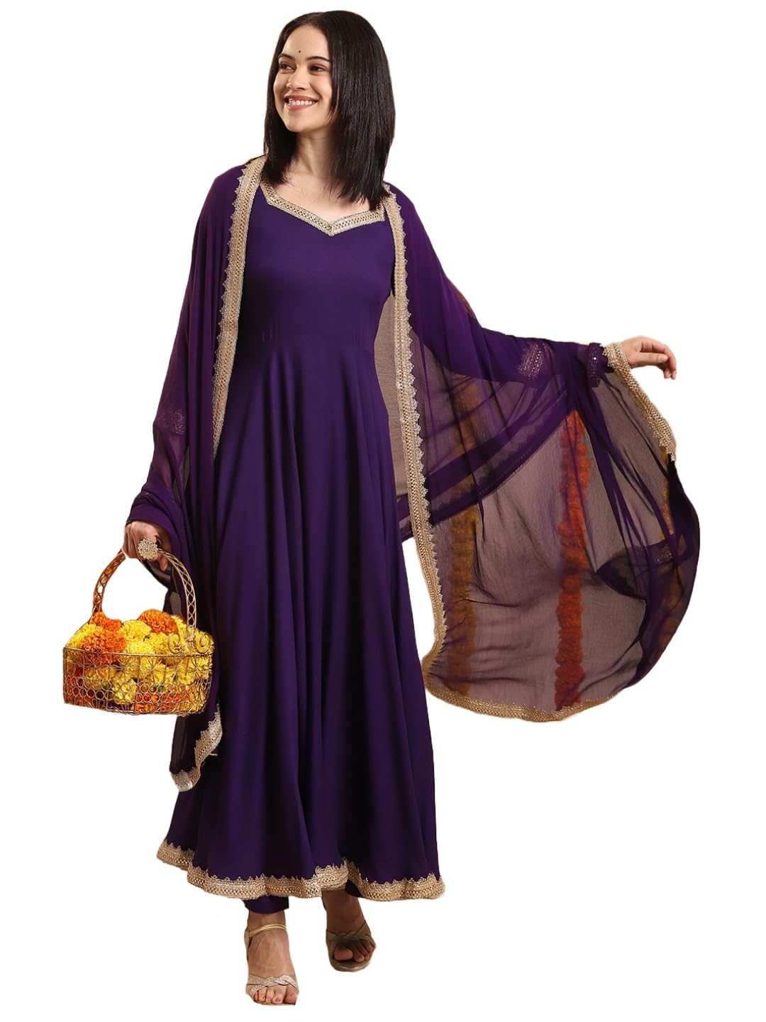 Gosriki Women'S Rayon Blend Anarkali Solid Kurta With Pant & Dupatta (Shyam Begani-Vks03-Gs_M_Begani_Medium),Begani,,B0DK9NMWHQ