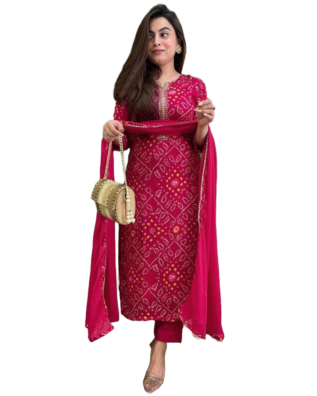Gosriki Women'S Rayon Blend Straight Printed Kurta With Pant & Dupatta (Turae Rani-Vks01-Gs_M_Pink_Medium),Pink,,B0DCKBHC1B
