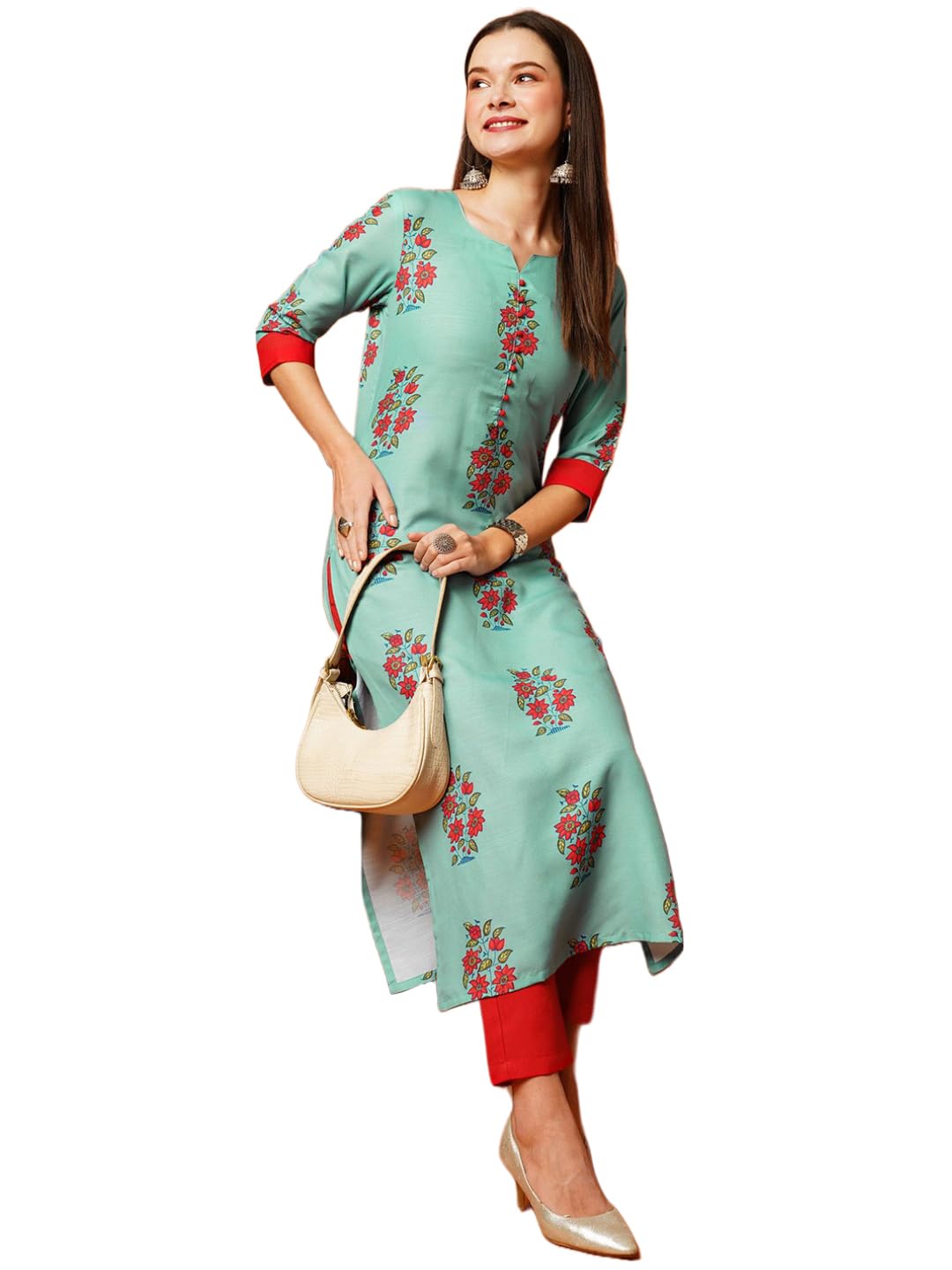 Gosriki Women'S Cotton Blend Printed Straight Kurta With Pant (Nazia Green-Gs_Xl_Green_X-Large),Green,,B0CC5QLMKZ