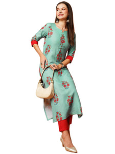 Gosriki Women'S Cotton Blend Printed Straight Kurta With Pant (Nazia Green-Gs_Xl_Green_X-Large),Green,,B0CC5QLMKZ