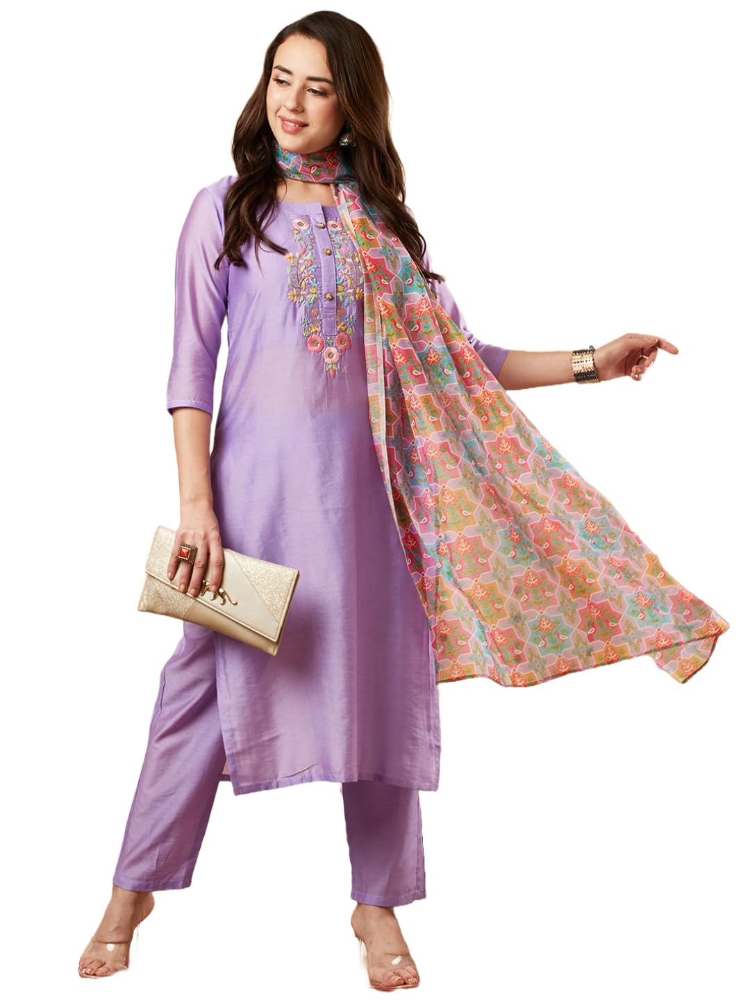 Gosriki Women'S Cotton Blend Embroidered Straight Kurta With Pant & Dupatta (Virah Purple-Nw-Gs_L_Purple_Large),Purple,,B0CJY7NL15