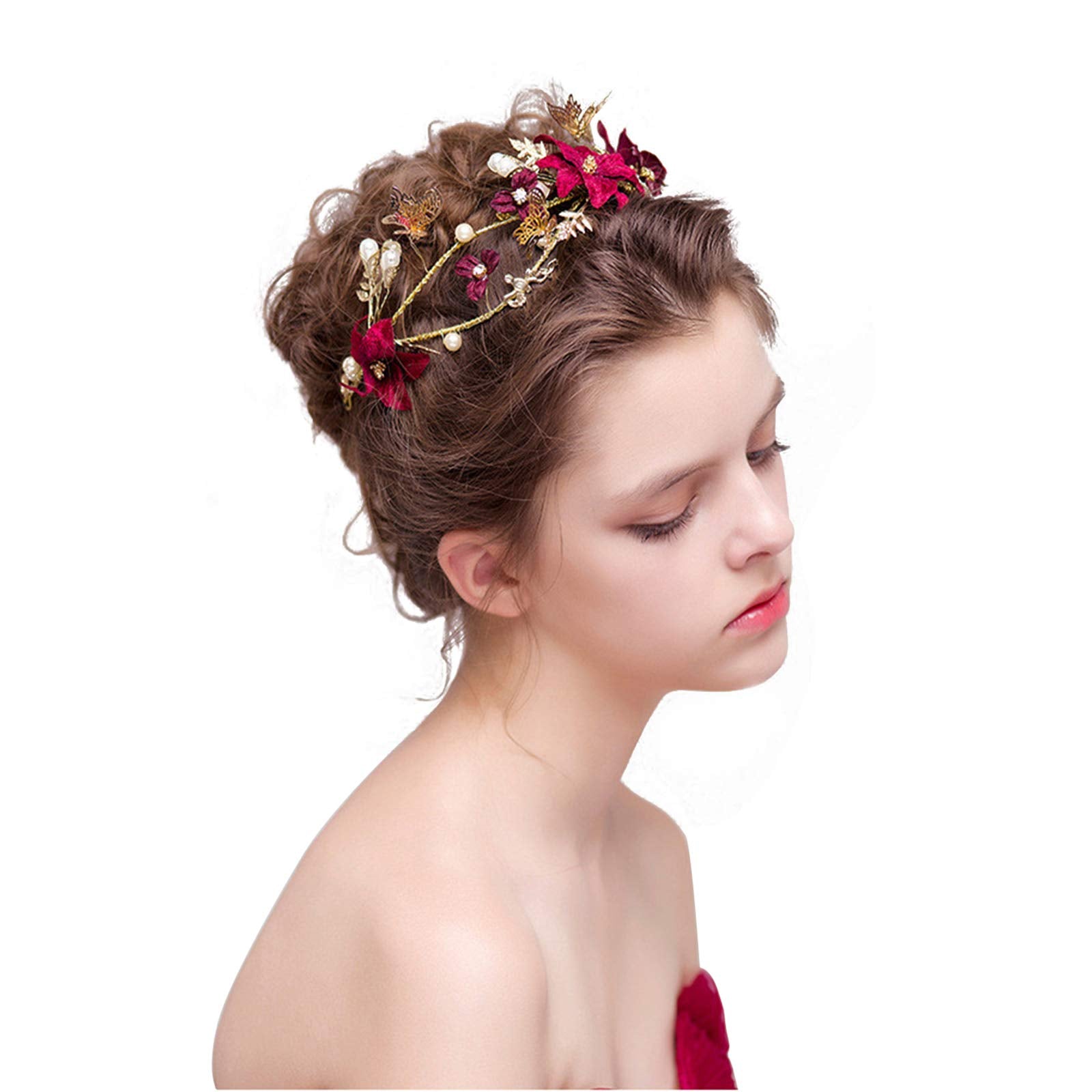 Wedding Headpiece Red Flower Gold Butterfly Hairbands Wedding Tiara Pearl Headbands Bridal Hair Bridesmaid Jewelry Accessories (
