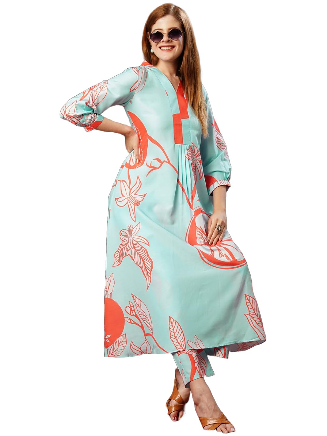 Anni Designer Women'S Cotton Blend Anarkali Printed Kurta With Pant (Santra Orange-Jl_L_Orange_Large),Orange,L