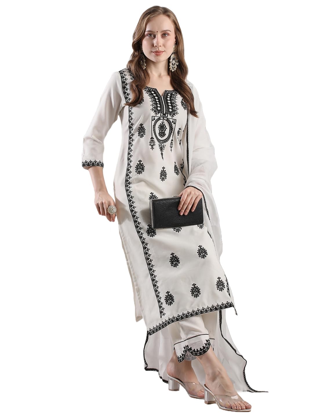 Gosriki Women'S Rayon Blend Straight Embroidered Kurta With Pant & Dupatta (Devanagri White-Vks02-Gs_L_White_Large),White,,B0DJWDDWN8