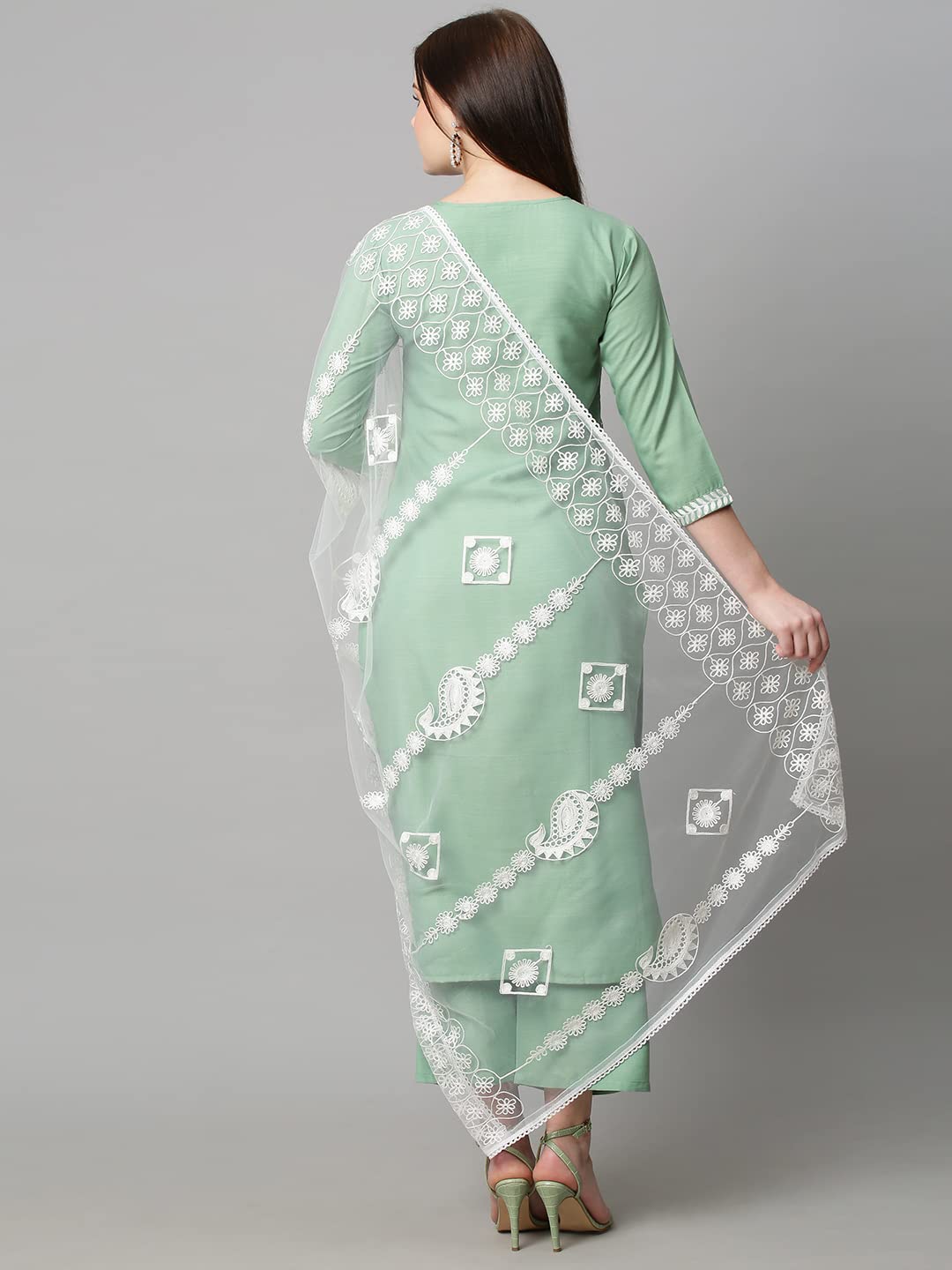 Anni Designer Women'S Cotton Blend Straight Embroidered Kurta With Palazzo & Dupatta (Coin Pista_M_Pista_Medium),Pista,M,Cotton Blend,Regular,