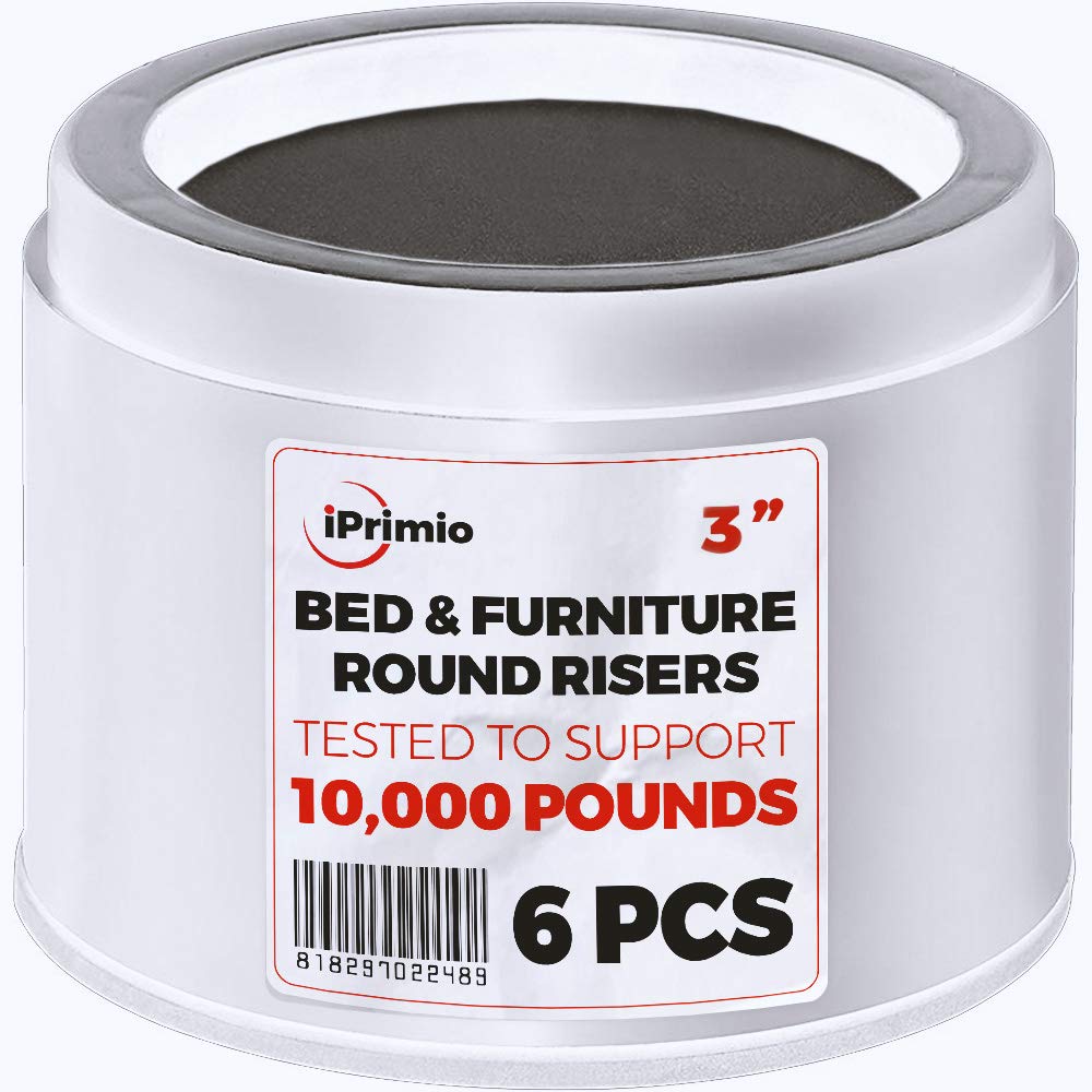 iPrimio Bed Risers - Round, 3 Inch Lift, Heavy Duty, 6 Pack, Up to 10000lbs - Bed Raising Blocks, Furniture Risers - Safe, Sturd