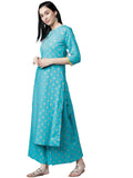 Anni Designer Women'S Cotton Foil Printed Straight Kurta With Palazzo (New-Turquoise_Xl_Cotton_X-Large),Turquoise Blue,XL,Cotton,Straight,Palazzo