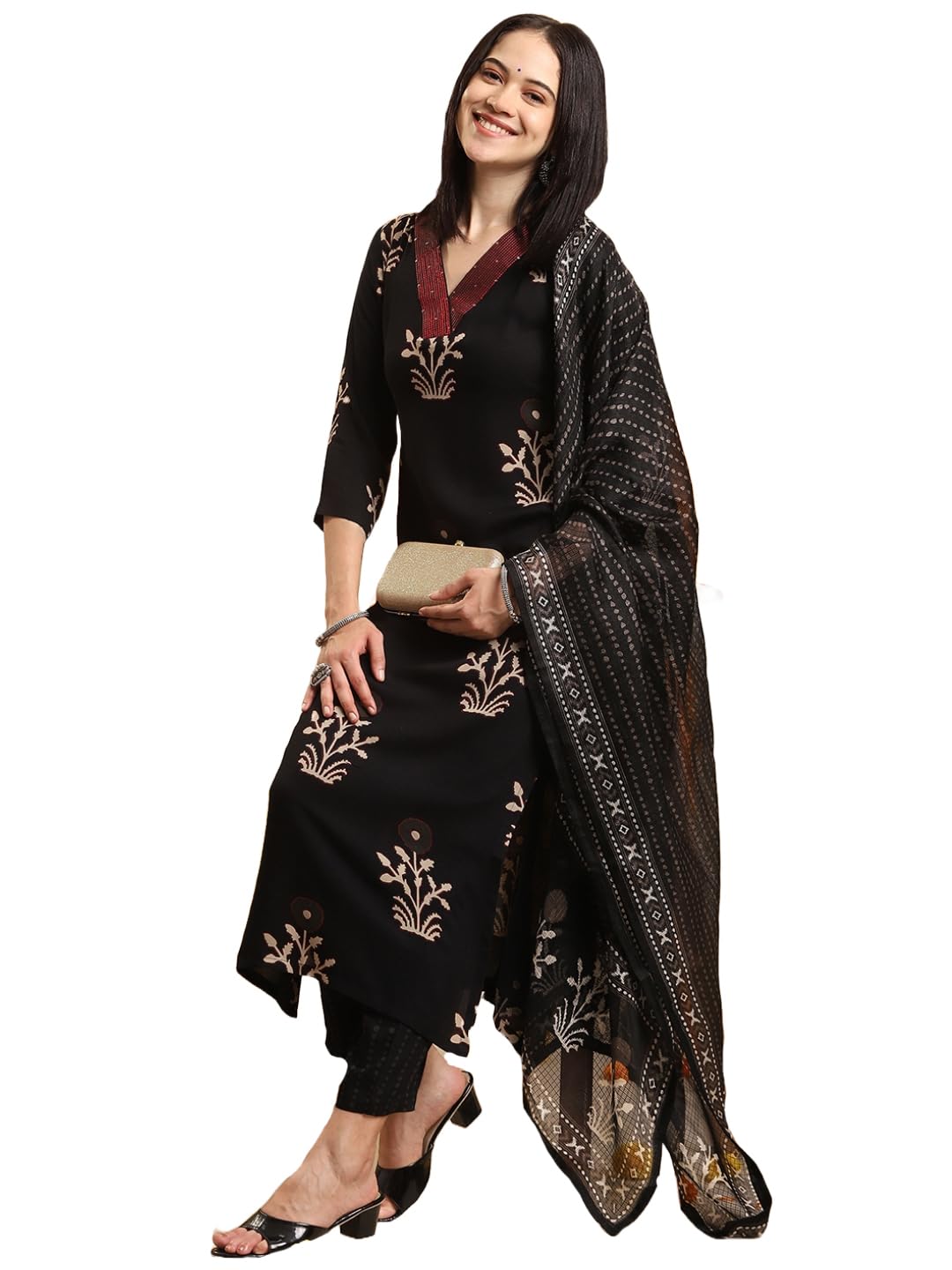 Anni Designer Women'S Rayon Blend Straight Printed Kurta With Pant & Dupatta (Jimny Black-Vks02_S_Black_Small),Black,S