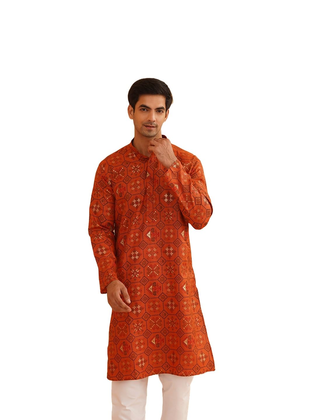 Sojanya (Since 1958 Men'S Cotton Linen Orange & Multi Print Only Long Kurta