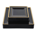 N9R 60 Pack Black Square Plastic Plates with Gold Rim Include 30 Disposable Dinner Plates 9.5 Inch and 30 Dessert Plates 6.5 Inc