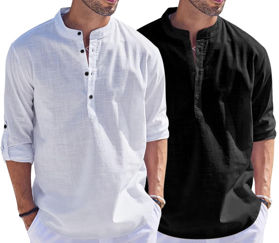 Bellstone Men'S Cotton Blend Solid Regular Dress Shirt (Kurta1500_Combo_White & Black_L