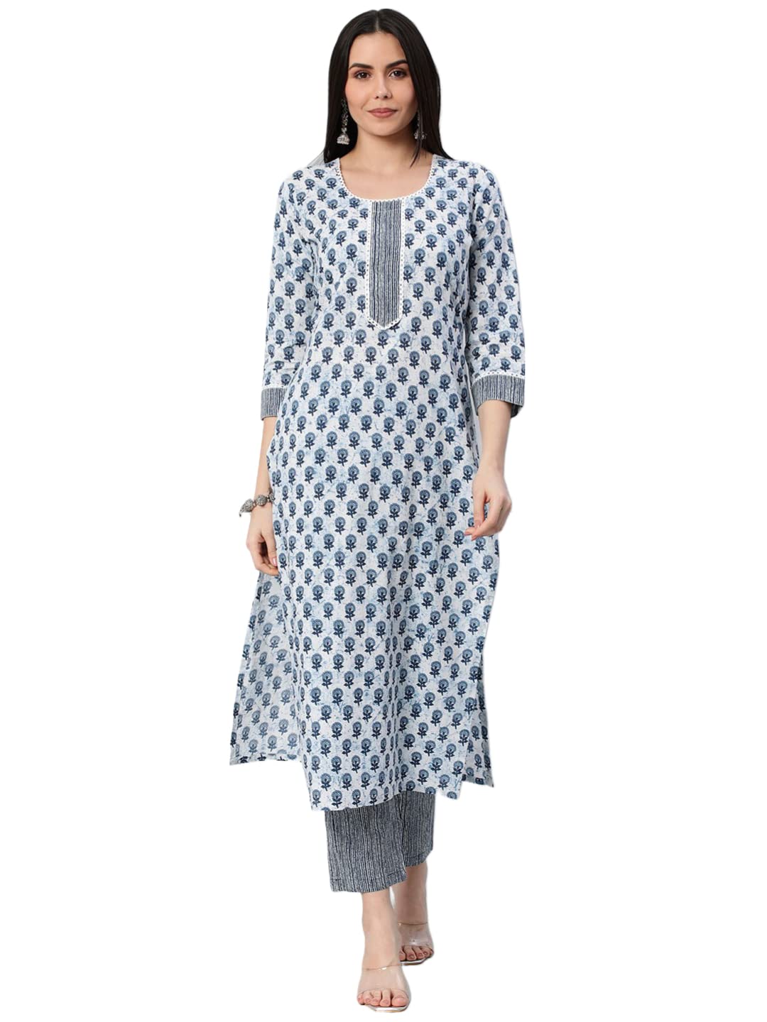 Anni Designer Women'S Cotton Blend Straight Printed Kurta With Pant Set (Bitiya Blue_M_Blue_Medium),Blue,M