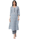 Anni Designer Women'S Cotton Blend Straight Printed Kurta With Pant Set (Bitiya Blue_M_Blue_Medium),Blue,M