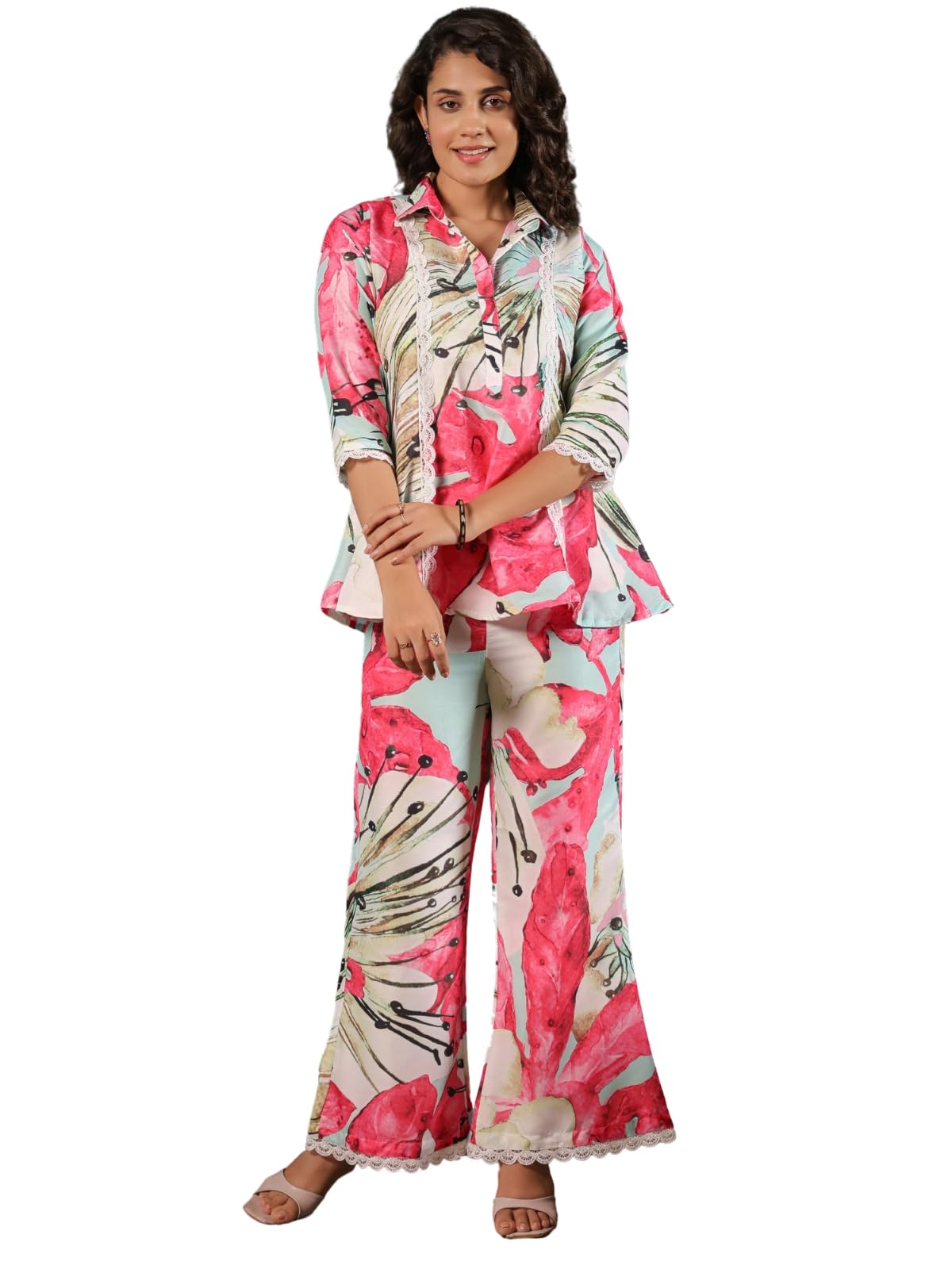LERIYA FASHION Women's Rayon Printed Regular Kurta Set (LF-W2149&TR1116_Pink_2XL)