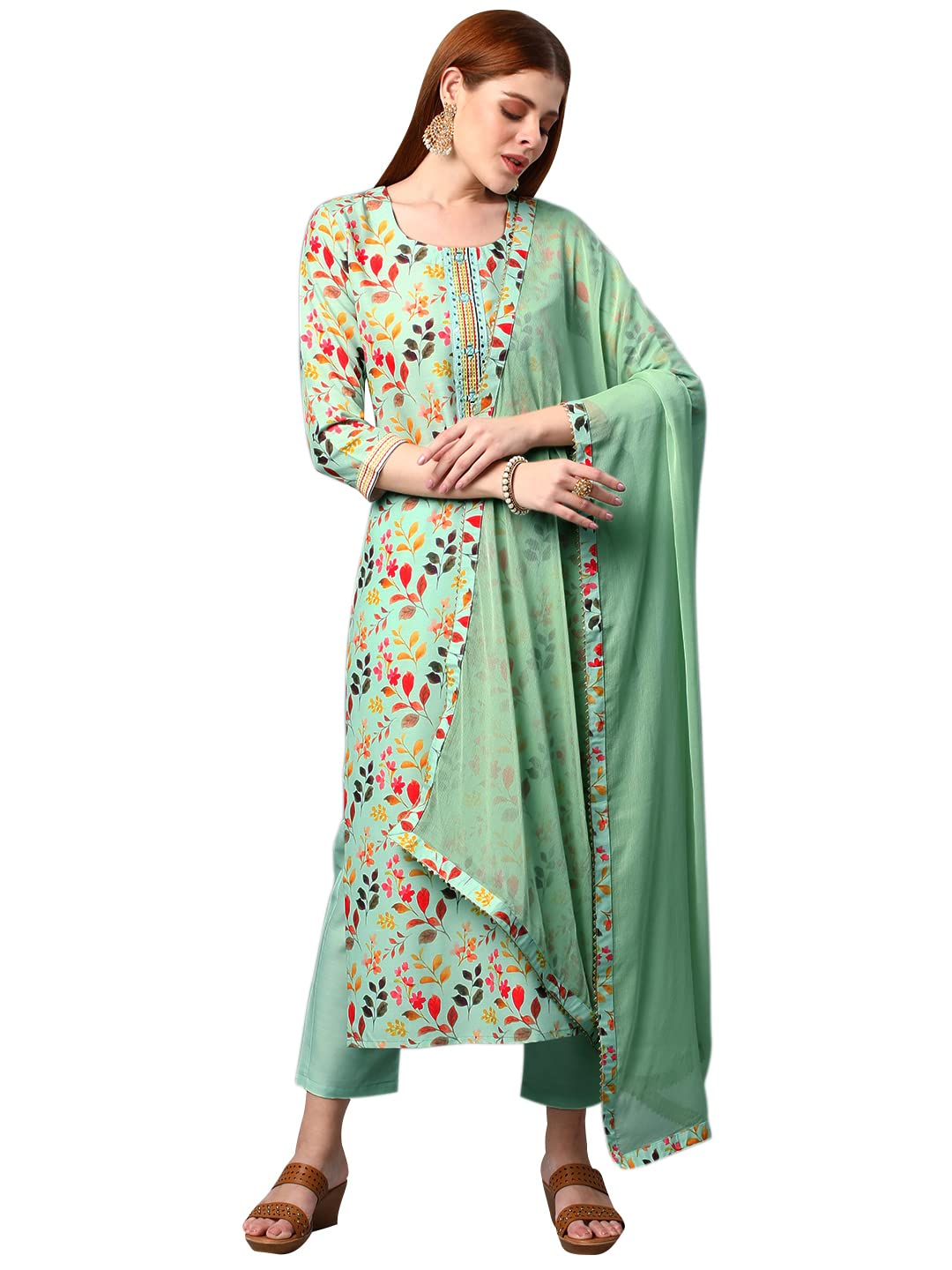 Anni Designer Women'S Cotton Blend Printed Kurta And Pant With Dupatta Set (Kaleping-Pista-Nw_4Xl_Pista_Xxxx-Large),Pista,4XL