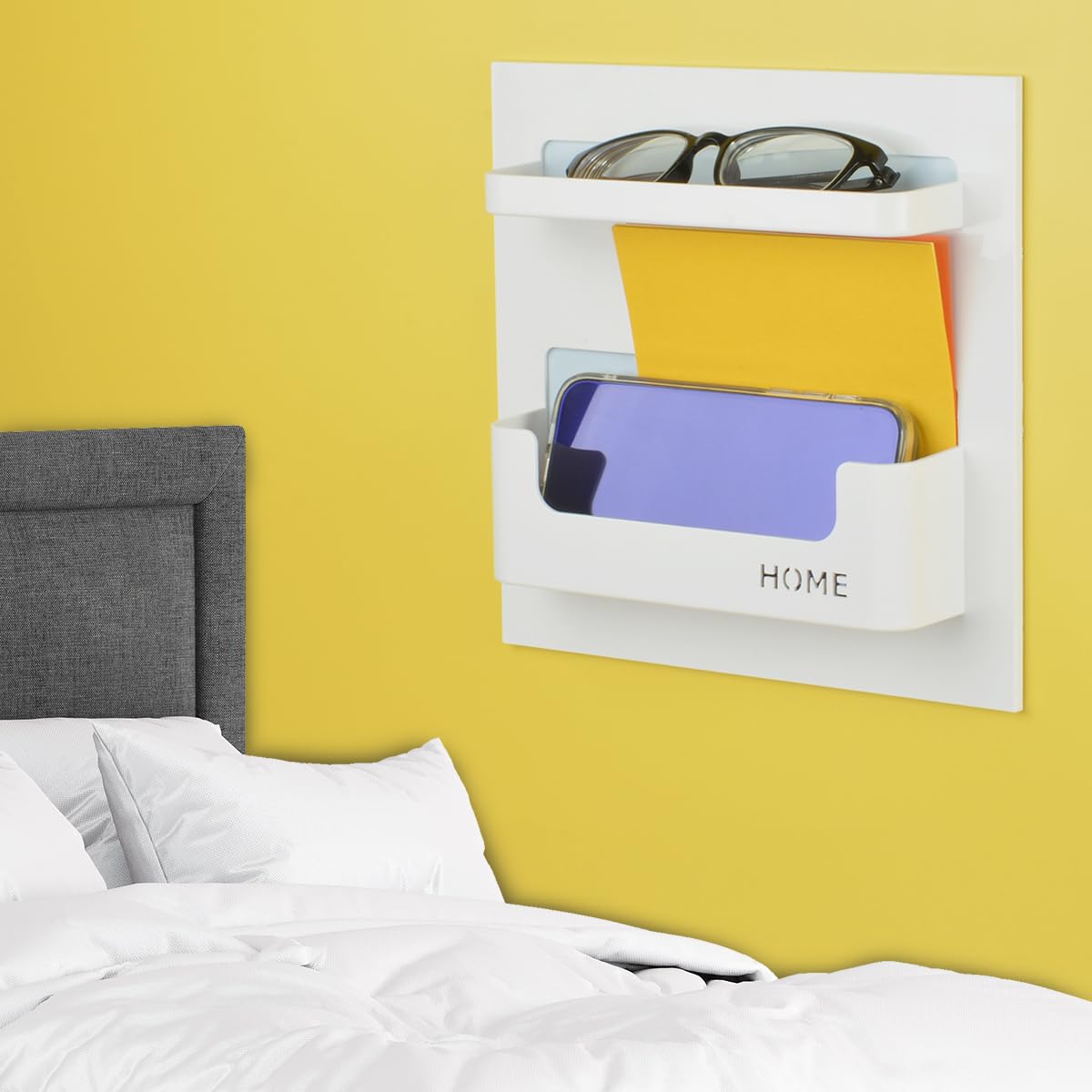 OKOMATCH Bedside Shelf - Stick On Wall Mounted Bed Room,Dorm,Office Adhesive Floating Accessories Caddy Organizer/Holder for Pho