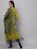 Anni Designer Women'S Cotton Blend Staright Printed Kurta With Pant & Dupatta (Bhumi Green_S_Green_Small),Green,S,Cotton Blend,Regular,Kurta, Scarf