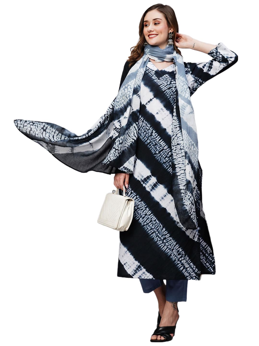 Anni Designer Women'S Cotton Blend Staright Printed Kurta With Pant & Dupatta (Sana Blue_L_Blue_Large),Blue,L