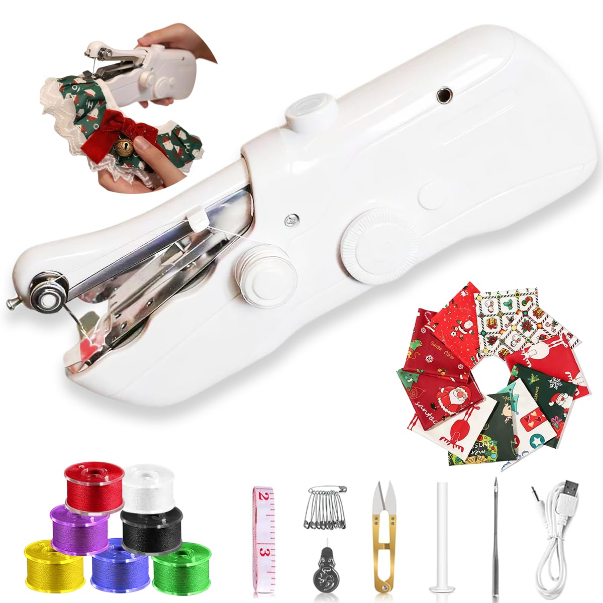 Handheld Sewing Machine,Mini Sewing Machine for Beginners,with 8 Christmas Fabric Pieces and 24 Sewing Accessories,Perfect for C
