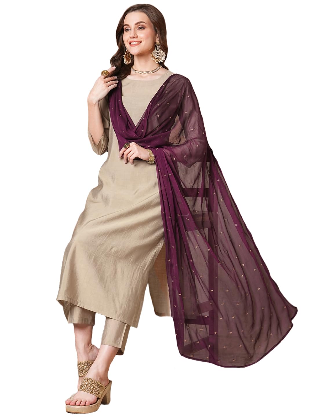 Anni Designer Women'S Rayon Blend Straight Embroidered Kurta With Pant & Dupatta (Bribiti Beige-Vks03_Xxl_Beige_Xx-Large),BEIGE,2XL