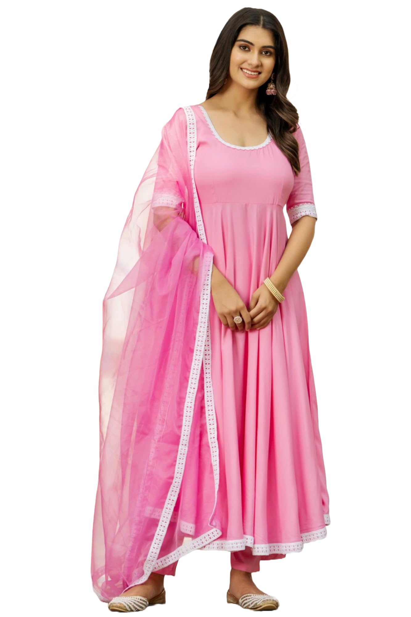Anni Designer Women'S Rayon Blend Anarkali Solid Kurta With Pant & Dupatta (Tiesta Baby Pink_S_Baby Pink_Small),Baby Pink,S